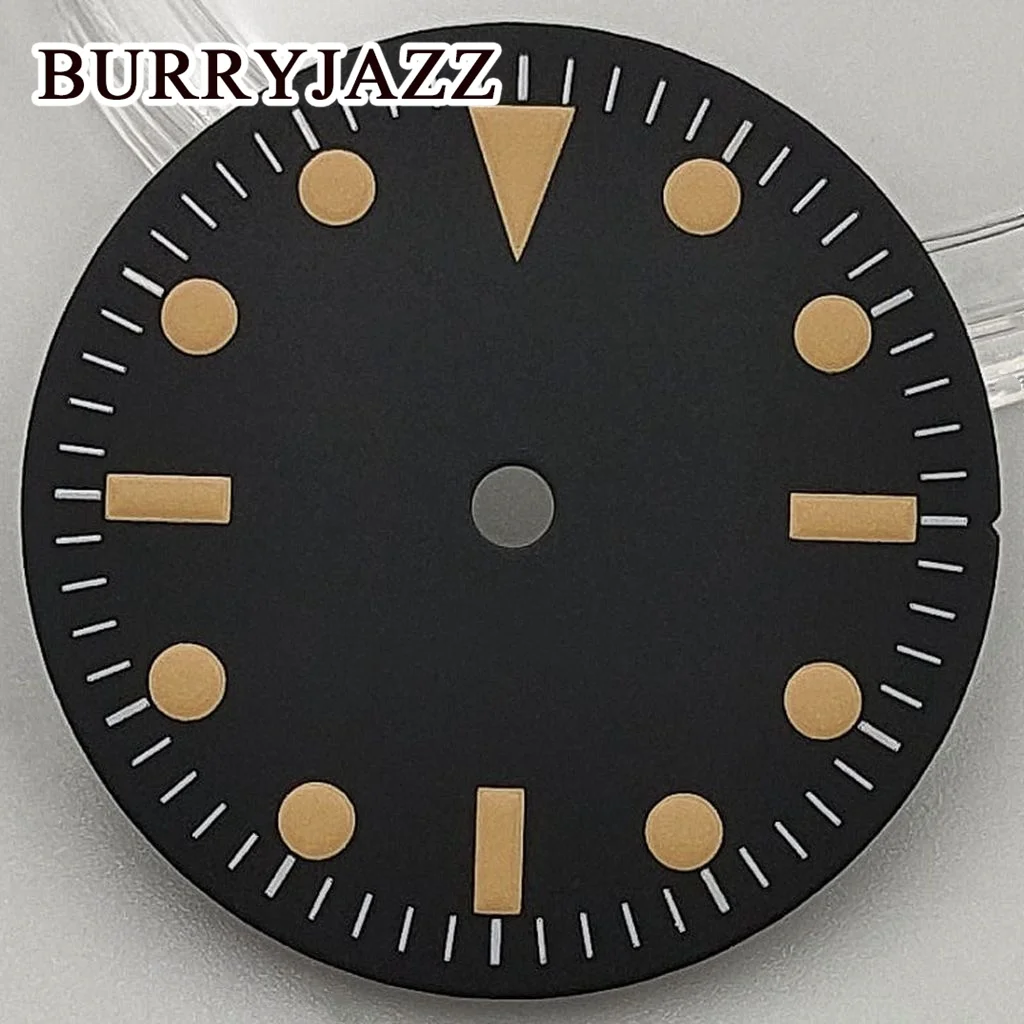 Burryjazz 28.5มม. ไม่มีโลโก้ NH35 ETA2824 NH36 2836 PT5000 Miyota 8215หน้าปัดสีดำหน้าปัดสีเขียวส่องสว่างใส่ได้3นาฬิกากรอบมงกุฎ