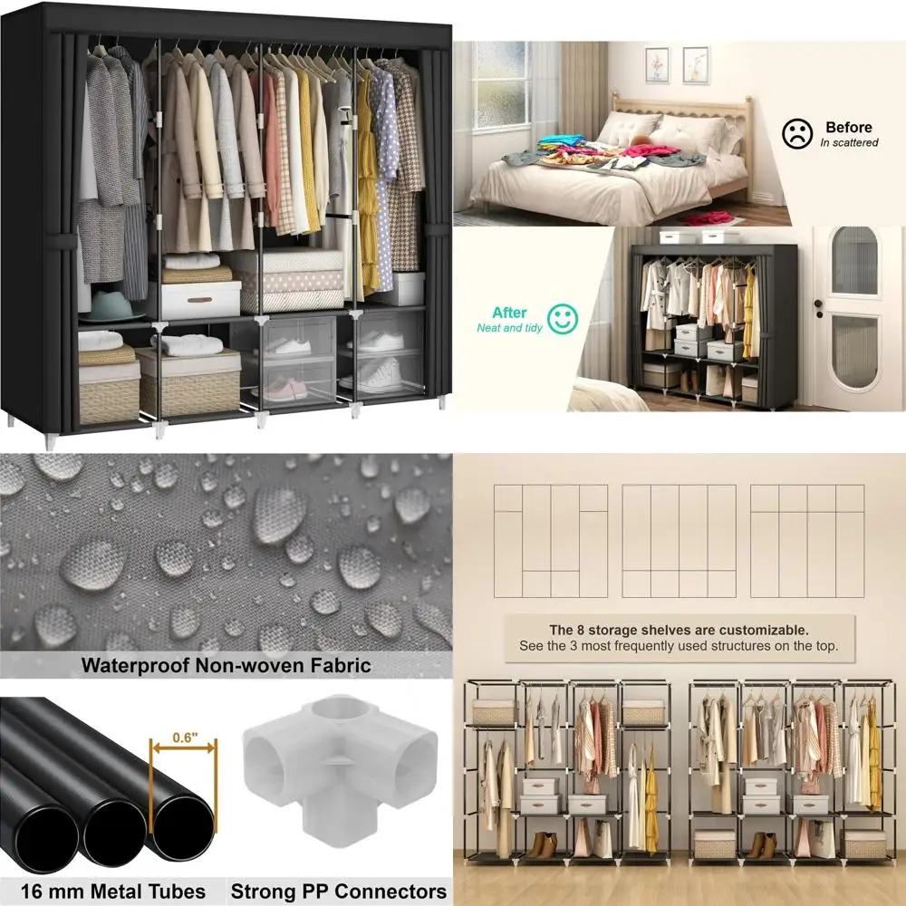 

Портативный шкаф большой вместимости (67 л) с 4 перекладинами и 8 полками, из нетканого материала, идеально подходит для спальни и гостиной, черный