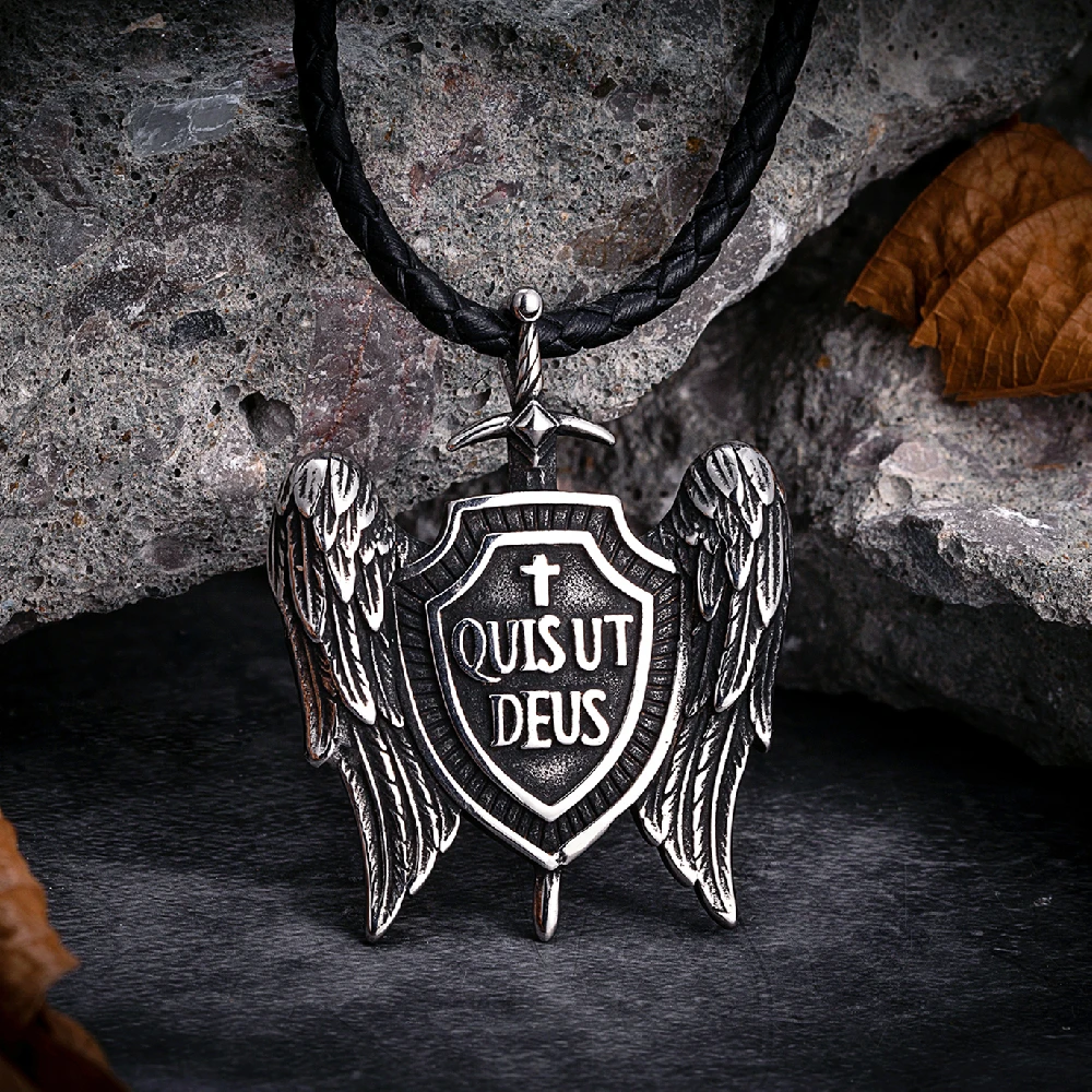 Retro Mens Angel Wings Sword Shield Necklaces Norse Mythology Archangel St Michael Pendant Stainless Steel Cross Amulet Jewelry