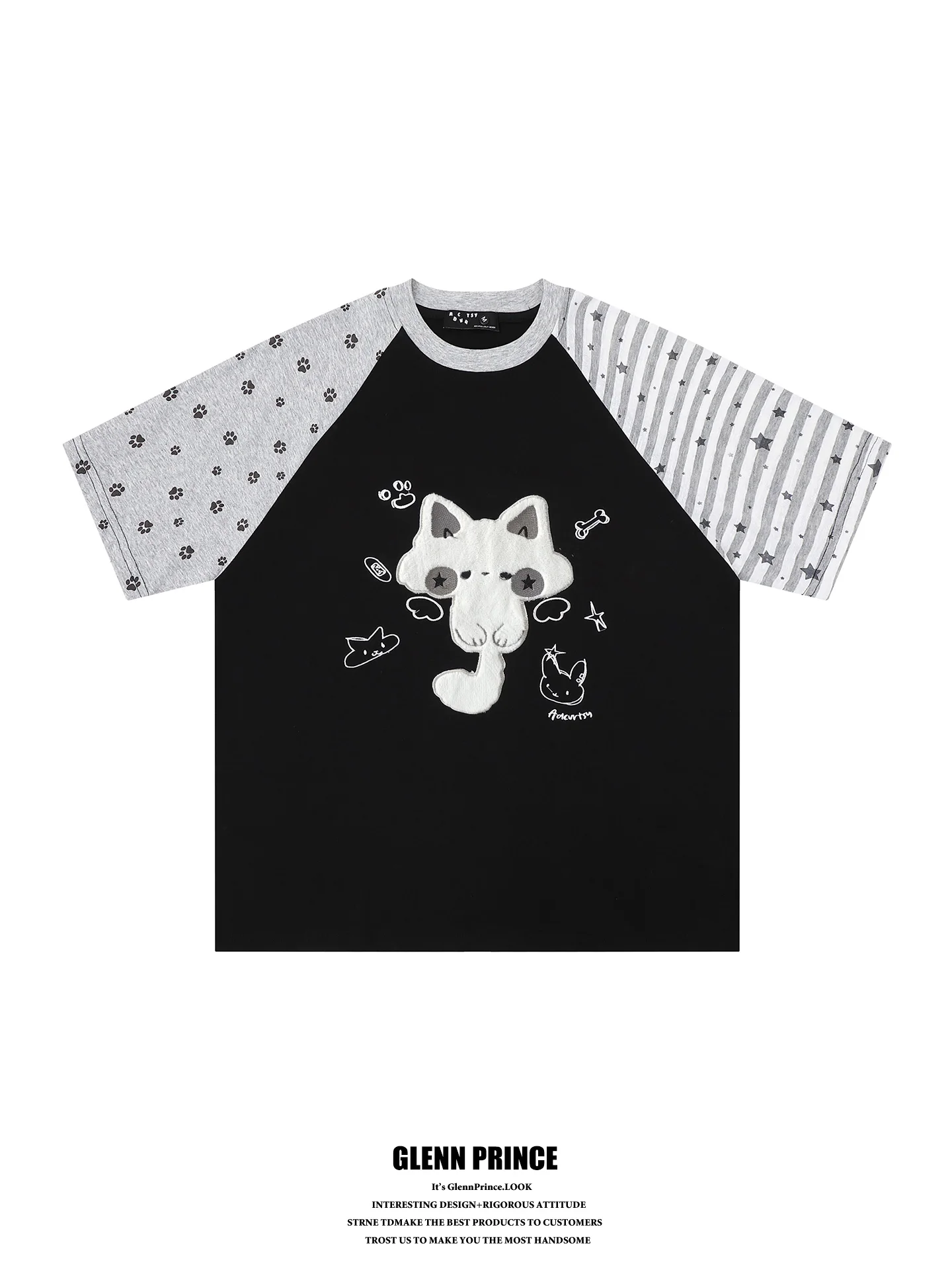 

GPstudio Y2K Plush Claw Color Block Shoulder Insert Short Sleeve T-Shirt Loose Fit Unisex Summer Cotton Tee Print