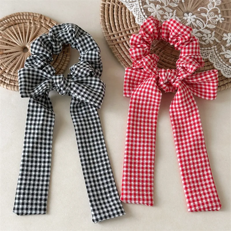 

Classic Plaid Bow Scrunchie - Red/White&Black/White Check Patterns with Bow Streamers for Artistic Style & Versatile Daily Wear