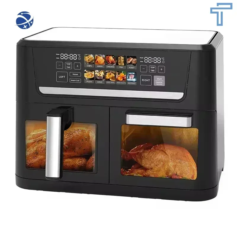 

SS Dual Basket Air Fryer 6+8L Oven with View Windows+colorful Panel, Nonstick and Dishwasher Safe