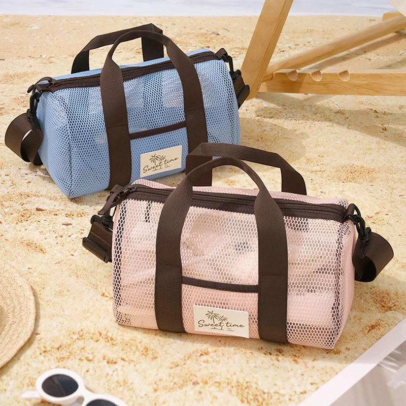 See Through Mesh Beach Bag Quick Dry Swim Gym Duffle Handbag Detachable Crossbody Strap Outdoor Vacation Storage Tote Purse