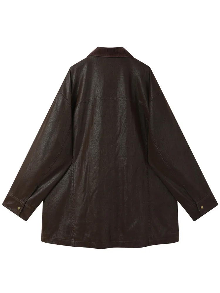 سترة نسائية من الجلد الصناعي من ZMEENNA بياقة سروال قصير مبطن وأكمام طويلة ملابس خارجية منقوشة باللون البني ZM4496 #2