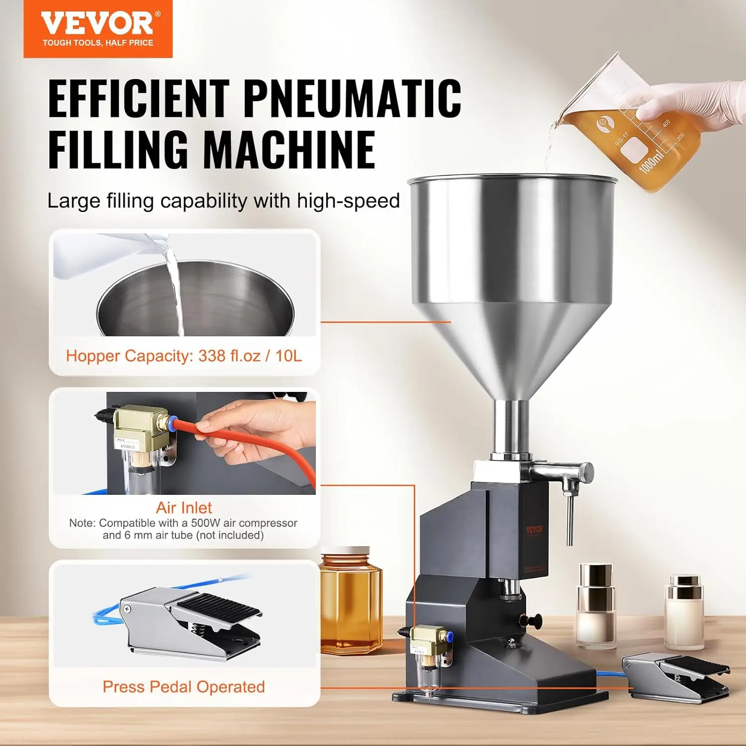 A02 Pneumatic Paste Liquid Filling Machine, 5-50ml Adjustable Bottle Filling Machine with 10L Hopper for Filling Paste/Cream/Cos