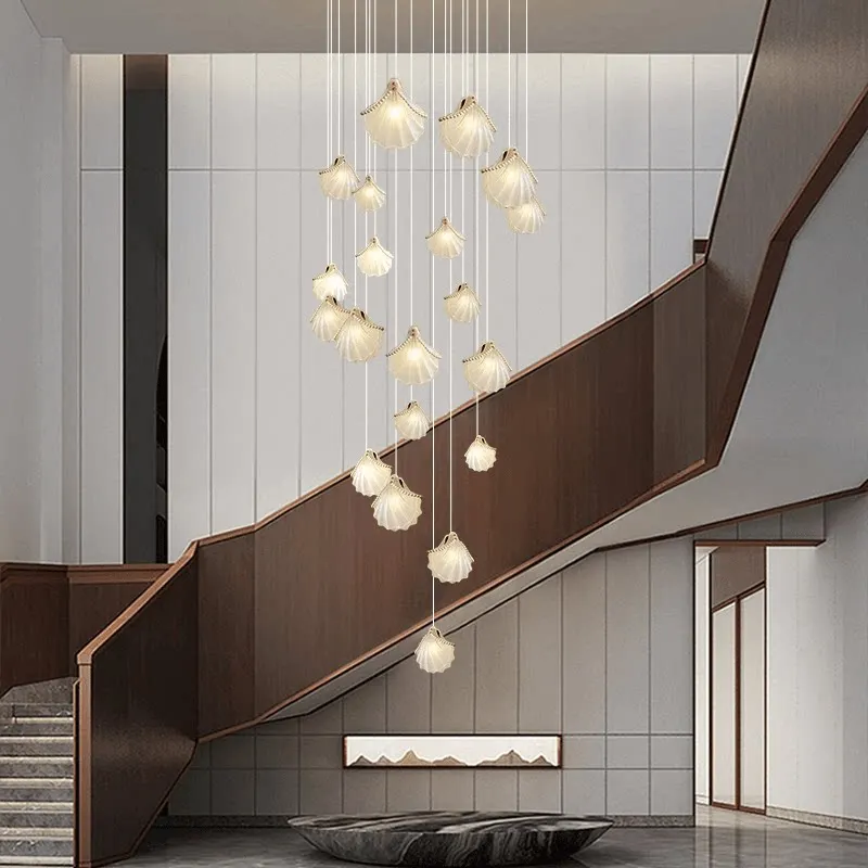 Pearl shell stair chandelier light French cream wind villa duplex floor chandelier