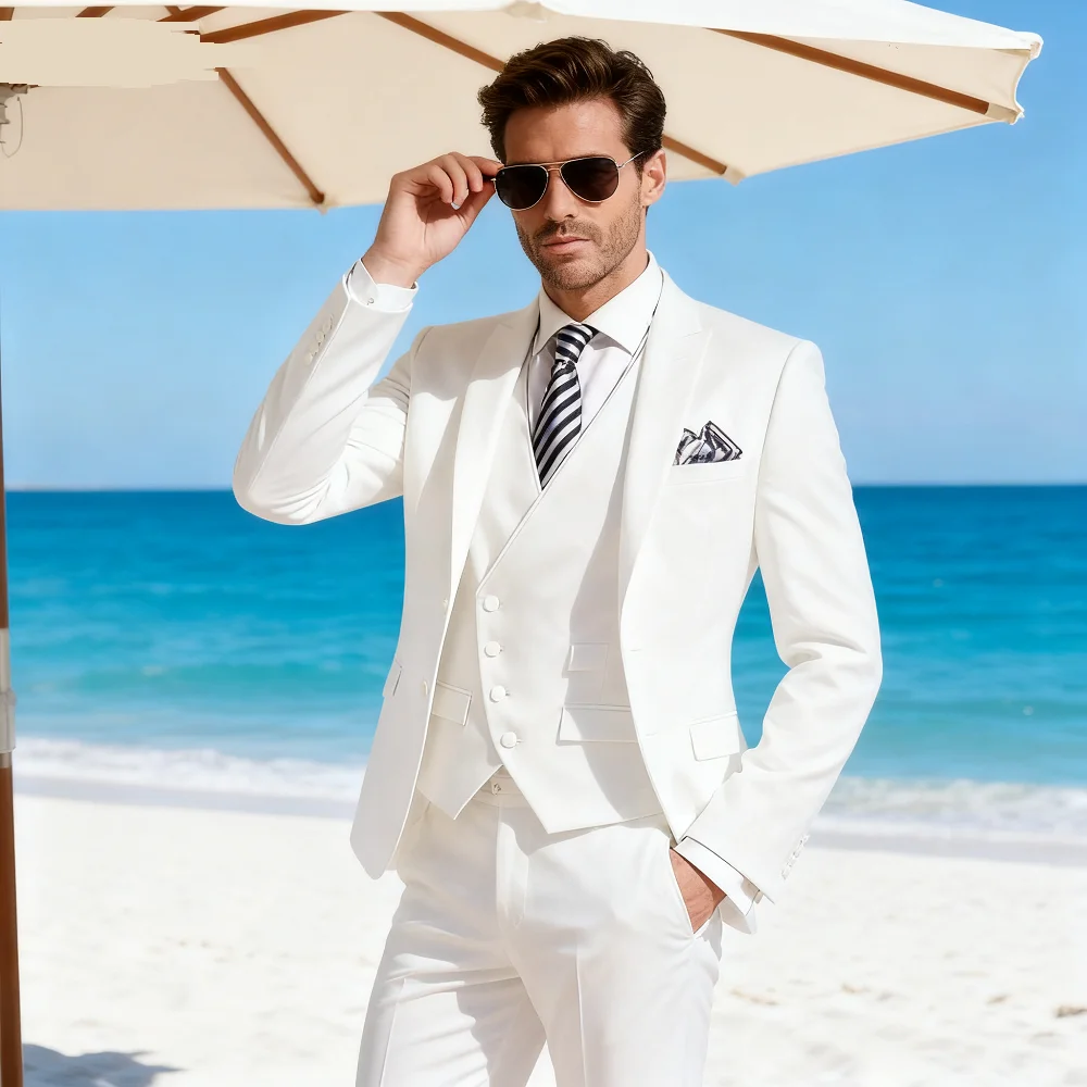 

Solid Color 3-Piece Men's Suit Fashionable New Formal Business Wedding Unique Button Lapel Tuxedo Vest Pants Set