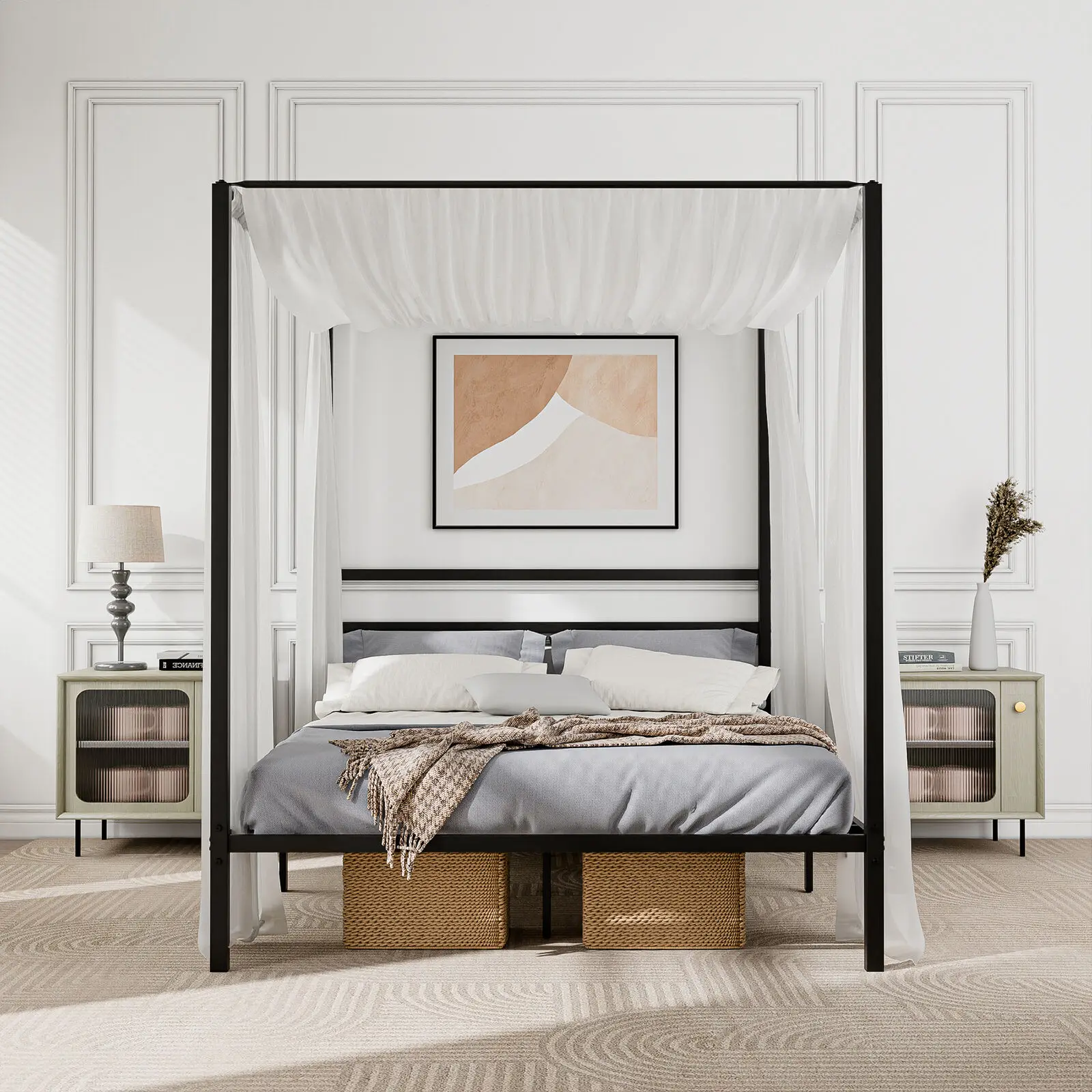 إطار سرير بمظلة بحجم كوين مع شريحة معدنية لسرير اللوح الأمامي لا حاجة إلى صندوق زنبركي
