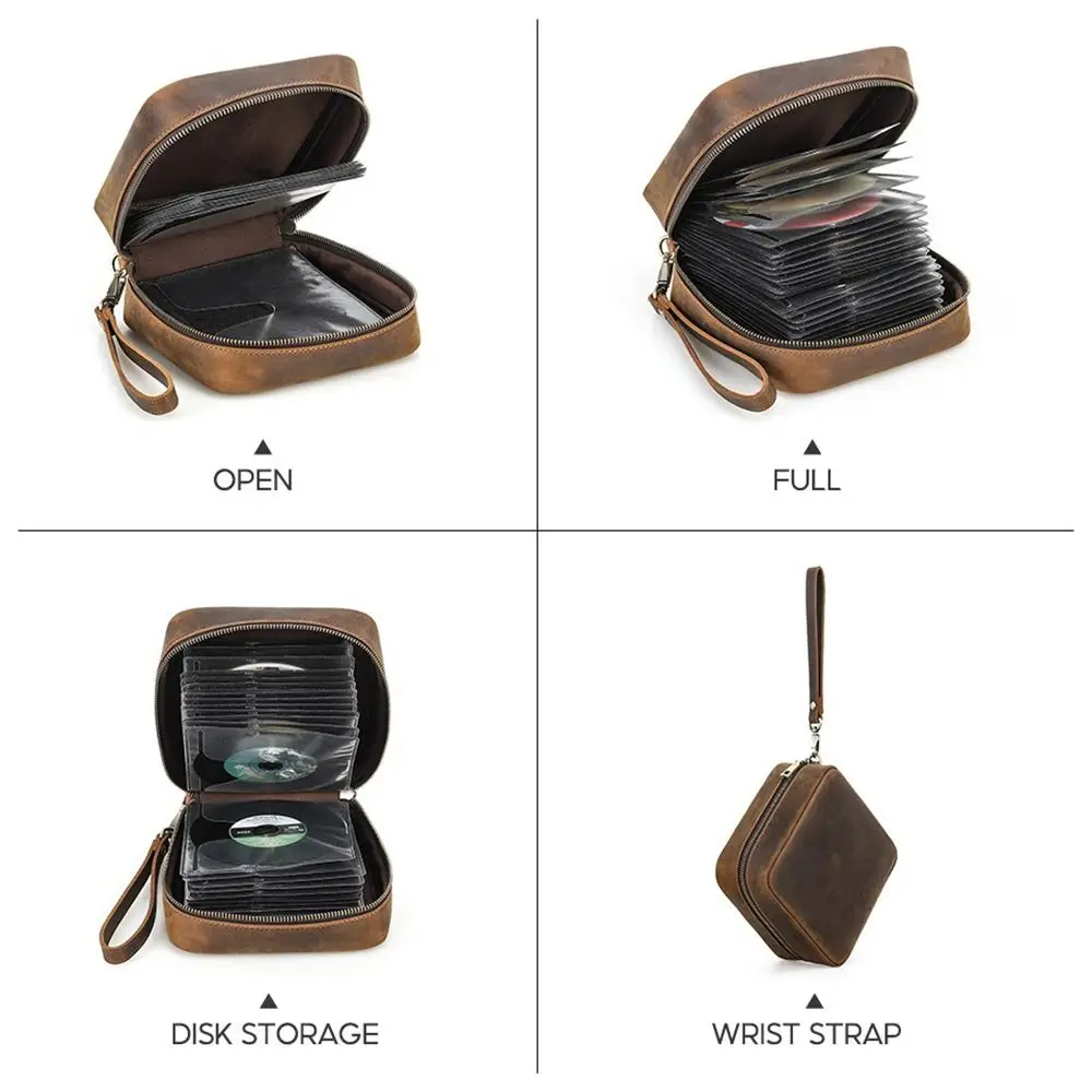Genuine Leather CD Disc Storage Box 56 CD/DVD/BD Disks Capacity Zipper Closure Media Storage Box Waterproof Dustproof
