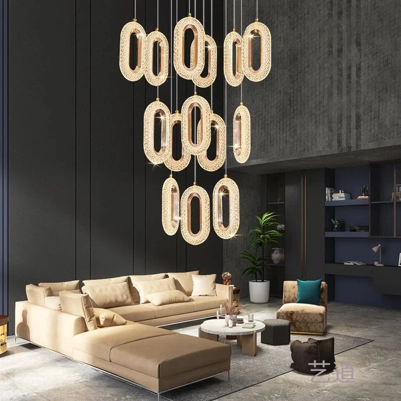

Modern Light Luxury LED Stair Chandelier Golden Luster Oval Acrylic Loft Duplex Living Room Dining Room Hanging Chandelier