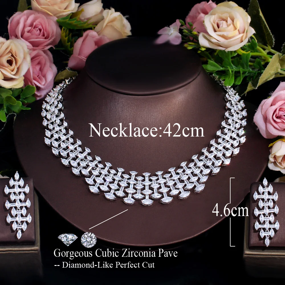 CWWZircons Super Shiny White Cubic Zirconia Big Chunky Party Wedding Necklace Bridal Jewelry Sets Costume Accessories T726