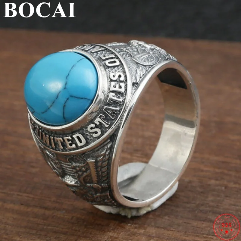 

BOCAI S925 Sterling Silver Rings 2022 New Fashion Classic Letters Flying Eagle Turquoise Pure Argentum Hand Jewelry for Men