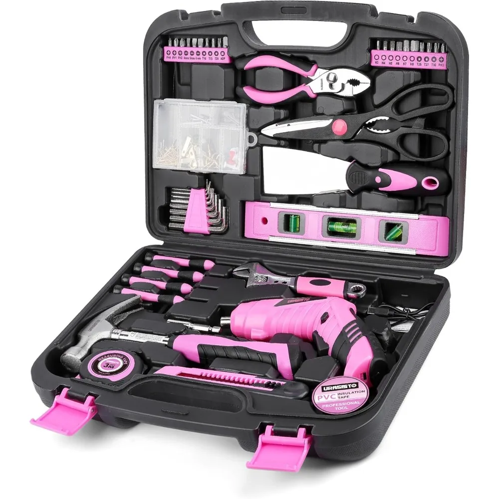 

Pink Household Tool Set with 3.6V USB Electric Screwdriver, 136 PCS Home Tool Kit with Cordless Lithium-ion Drill Driver, Hand