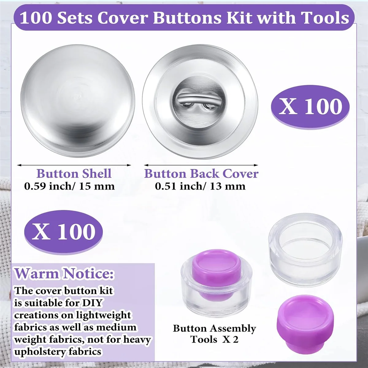 100 Sets Cover Buttons Kit with Tools Size Buttons to Cover Self Cover Buttons DIY Fabric Cloth Cover Buttons 0.59 Inch