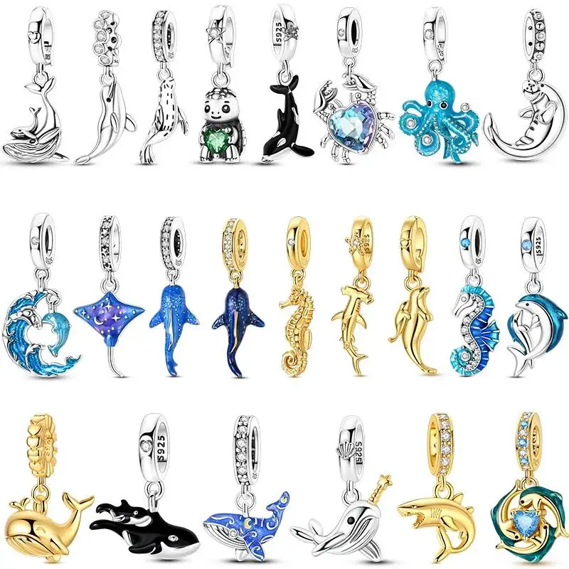 Hapilife New 2026 925 Sterling Silver Pendants Ocean Turtle Beach Fruit Shell Blue Fit Bangle Bracelet Necklace DIY Jewelry Gift