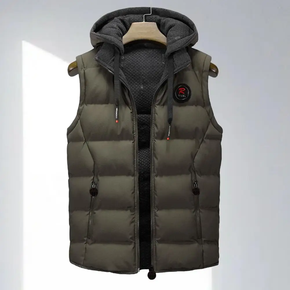 1Pc Sleeveless Men Vest Coat Hooded Drawstring Zipper Placket Waistcoat with Pockets Solid Color Thickened Quilted Vest Coat