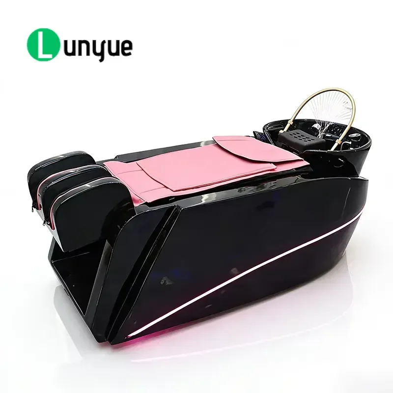 Luxury Black Ceramic Basin Shampoo Bed Electric Massage Head Therapy Spa Chair with LED Light Water Circulation for Barber