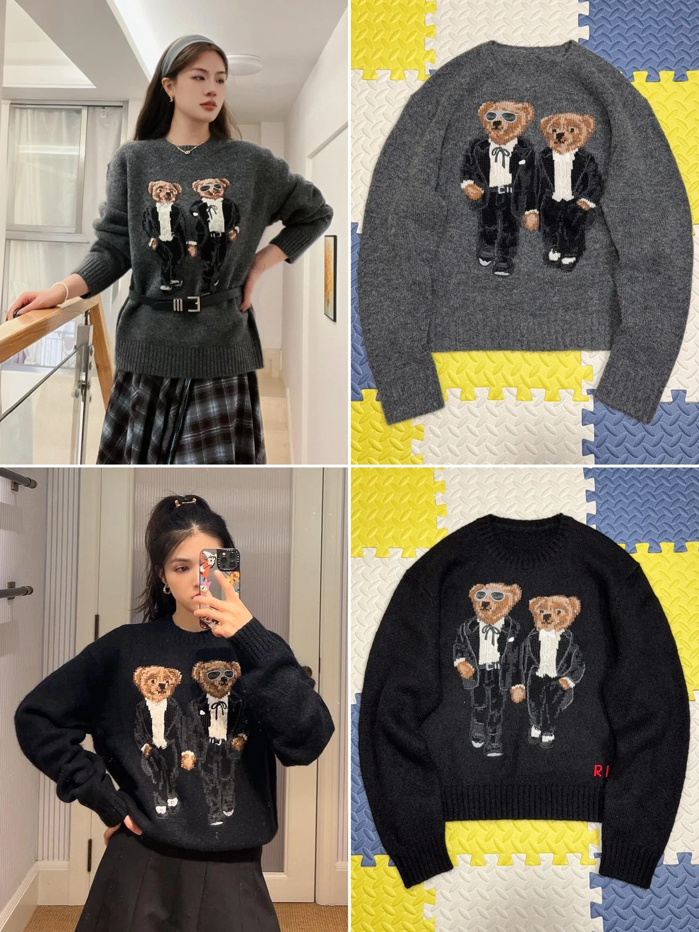 

2026 Новый женский свитер с двойным медведем, свободный классический американский шерстяной вязаный топ, повседневный свободный крой, мягкая шерстяная смесь, весна