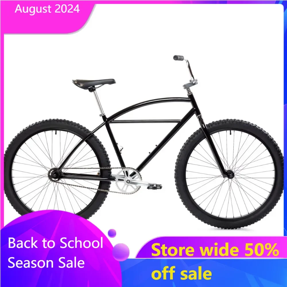 

Black cruiser bike with 27.5" wheels, single speed bike, rider 5 feet 5 inches to 6 feet 3 inches tall in black metallic color