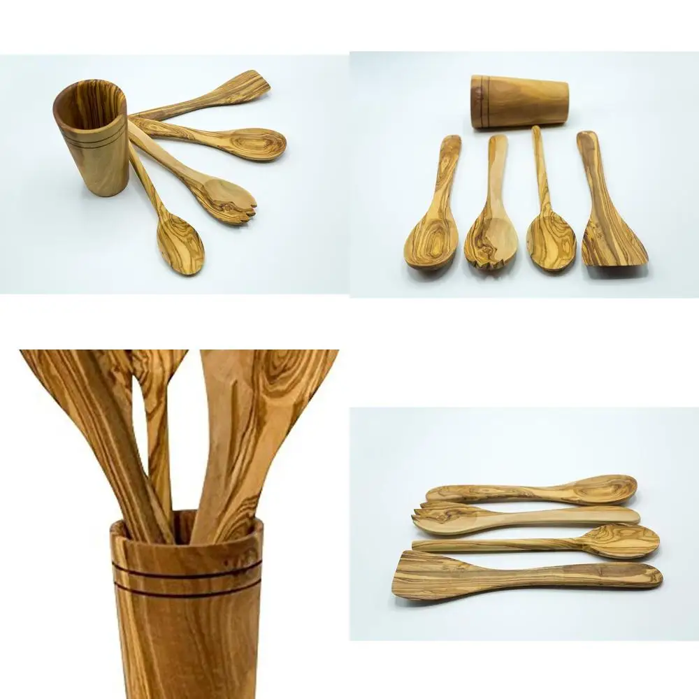 

Тунисский набор посуды из 5 предметов из оливкового дерева: лопаточка, ложка для смешивания, ложка для салата, вилка с держателем