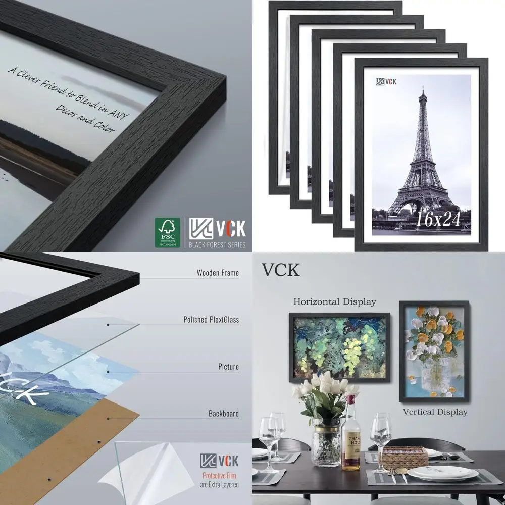 

Set of 5 Black Wooden Picture Frames, 16x24 Wall Gallery Frames, Textured Exclusive Design