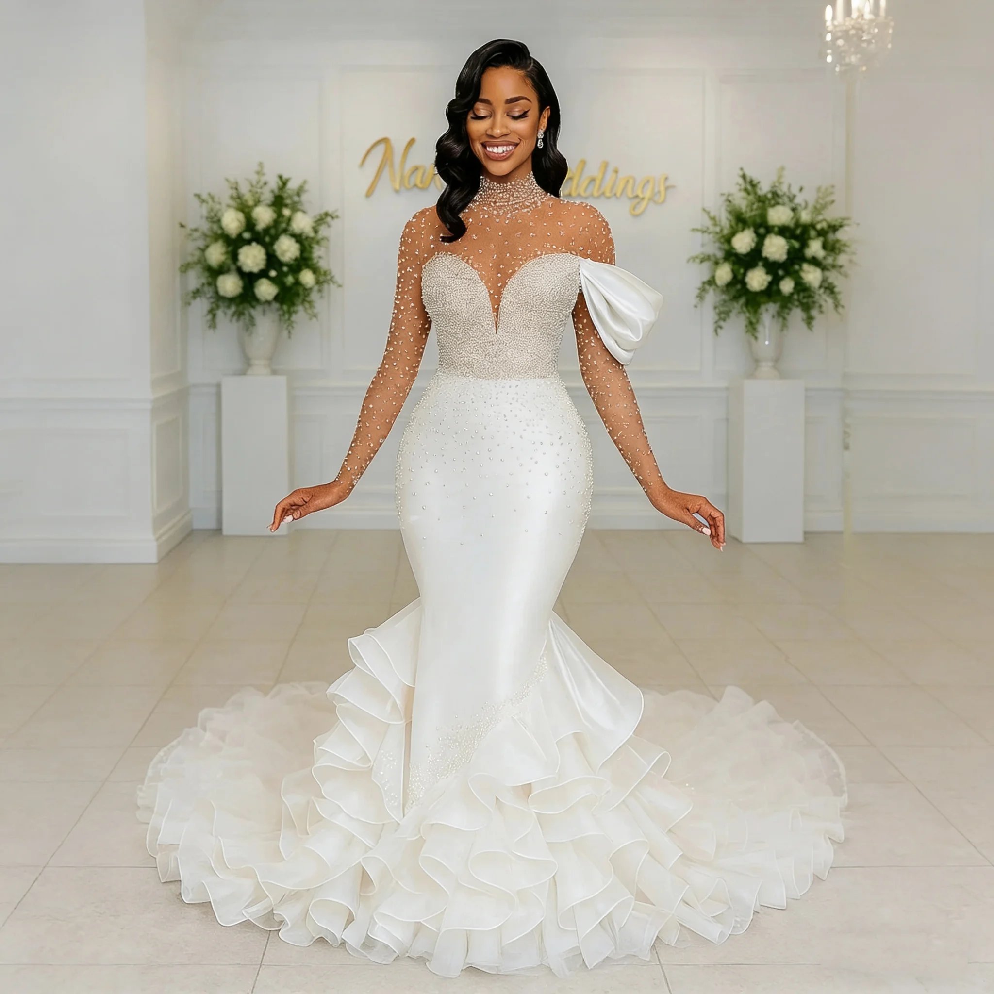 African Women's Mermaid Wedding Dress High Collar Off Shoulder Long Sleeve Bridal Dress Pearl Decorative Lotus Leaf Dress Custom