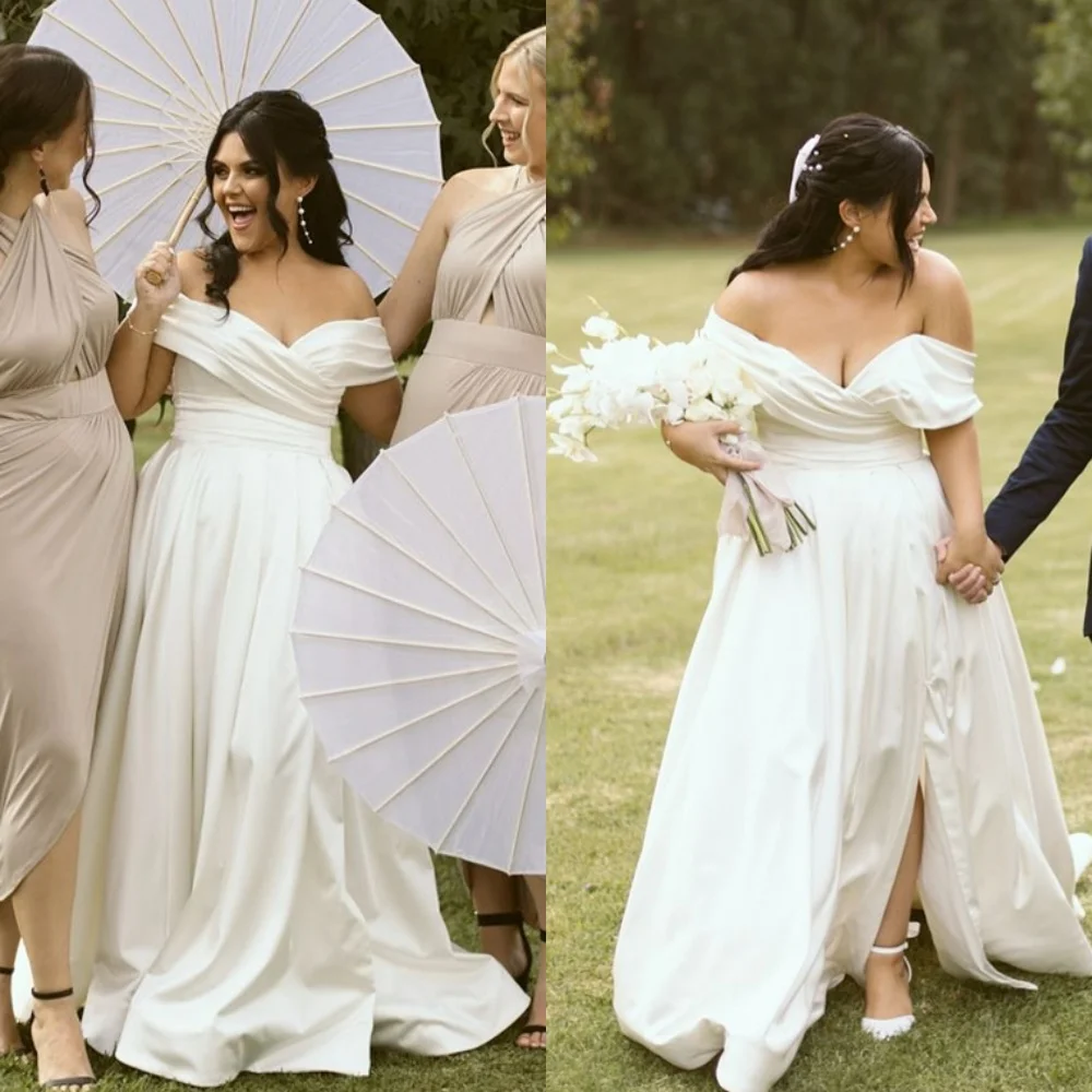 

Customized Exquisite White Satin Bridal Gowns Simple Strapless Off the Shoulder Short Sleeves Wedding Dress Chapel Train Dress