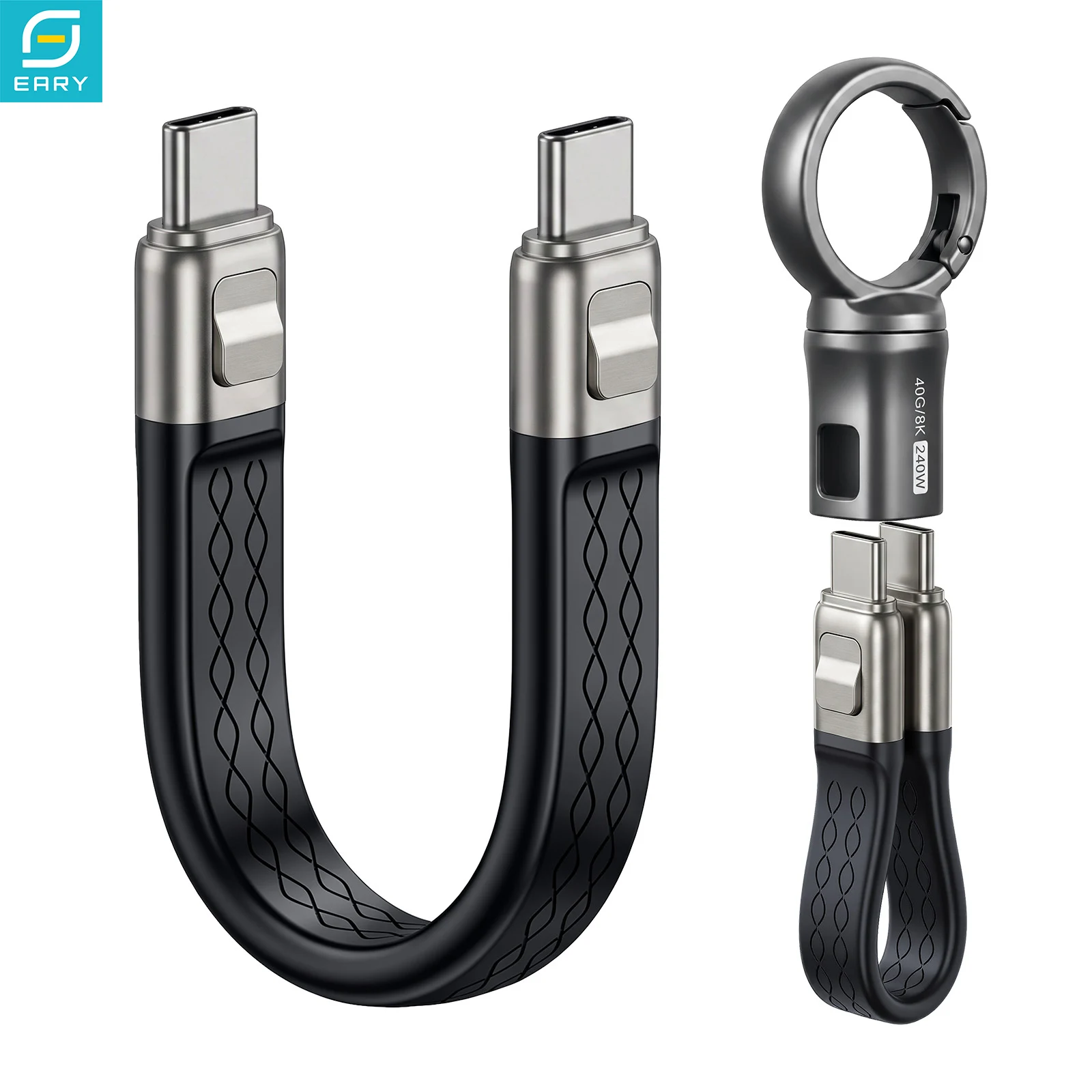 Eary PD 240W Short USB C Cable USB 4.0 40Gbps Data Transfer 8K 60Hz HD Display 360°Keychain Clip 5.2in Cable for iPhone Charging