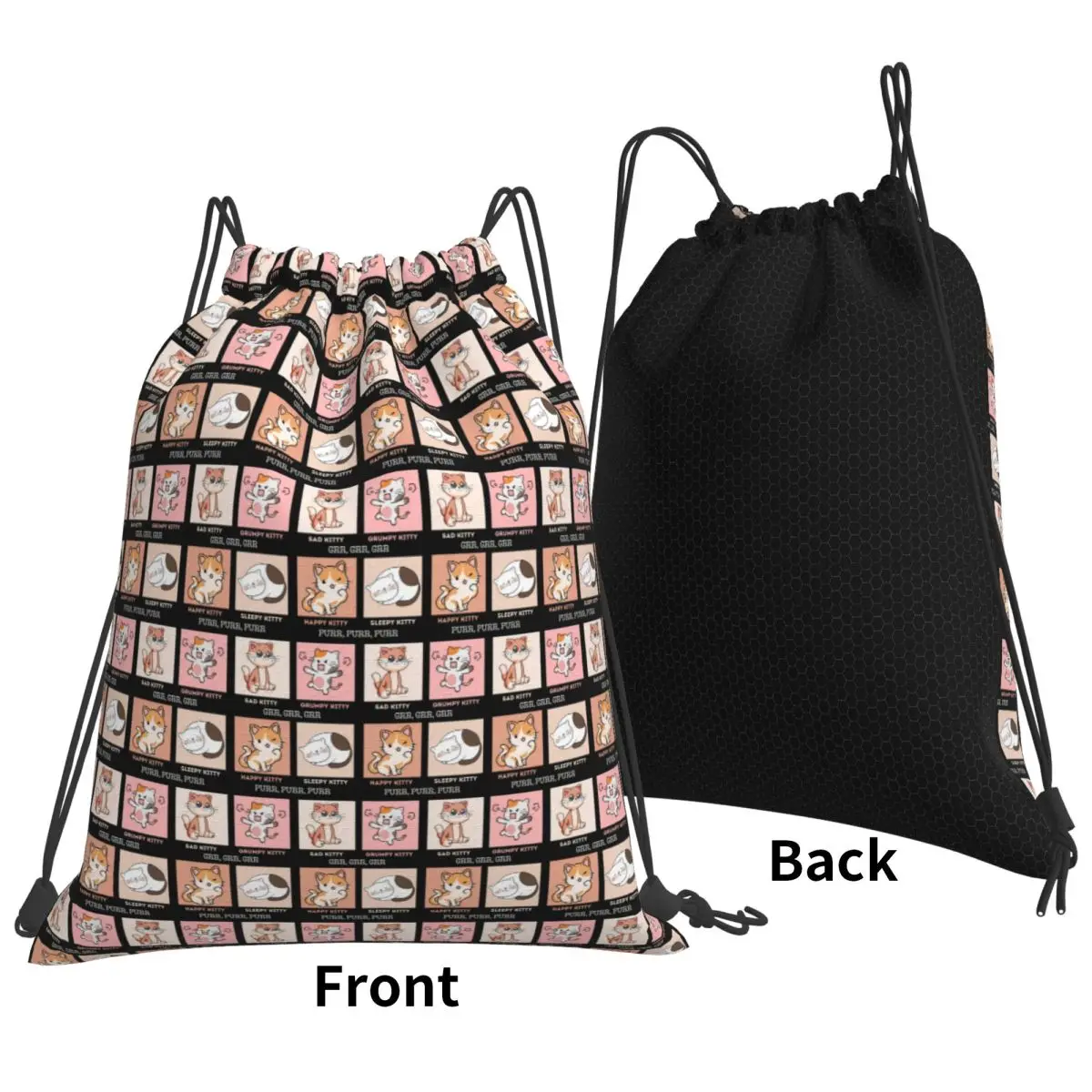 

Sad Kitty, Grumpy Kitty, Happy Kitty, Sleepy Kitty Backpacks Drawstring Bundle Pocket Sundries Bag Book Bags for Travel Students