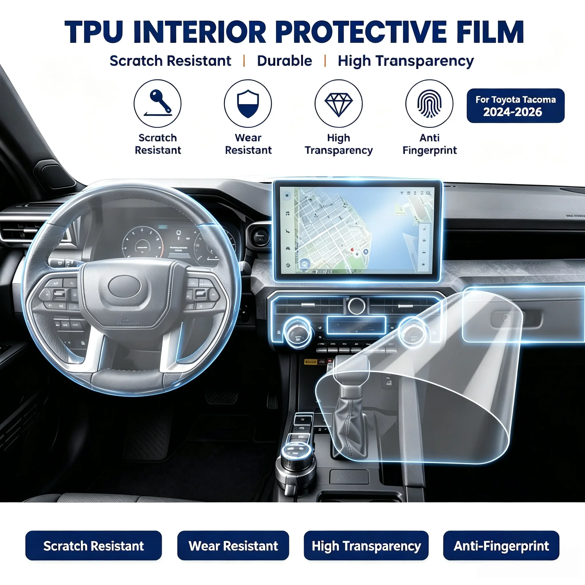 For Toyota Tacoma 2024-2026 TPU Protection Film Accessories Interior Transparent GPS Navigation Gear Panel Center Console