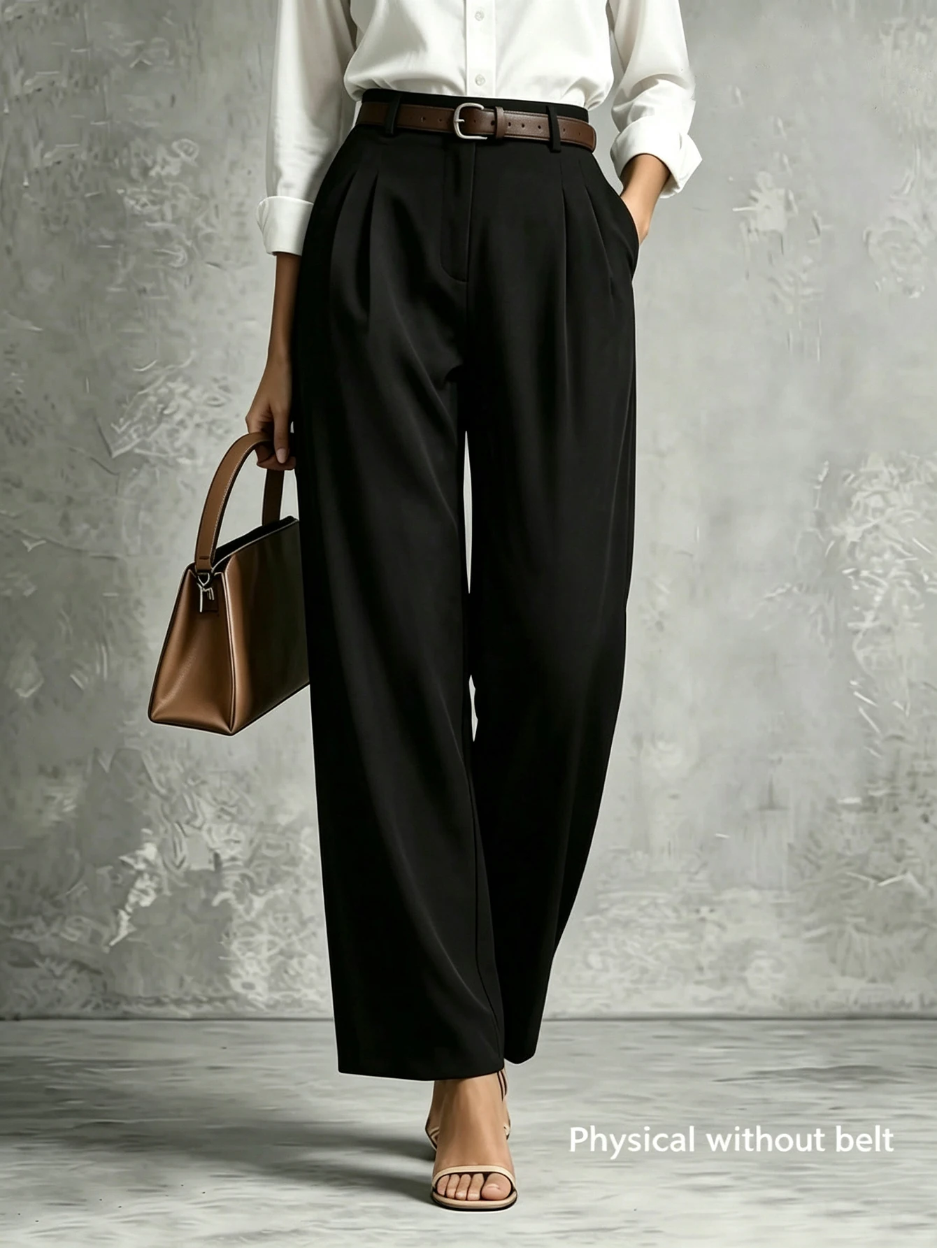 Women's High-Waisted Pleated Wide-Leg Suit Pants, Simple Solid Black Straight-Leg Trousers with Pockets, Business Casual Bottoms for the Workplace, Belt Not Included, Autumn and Spring Season