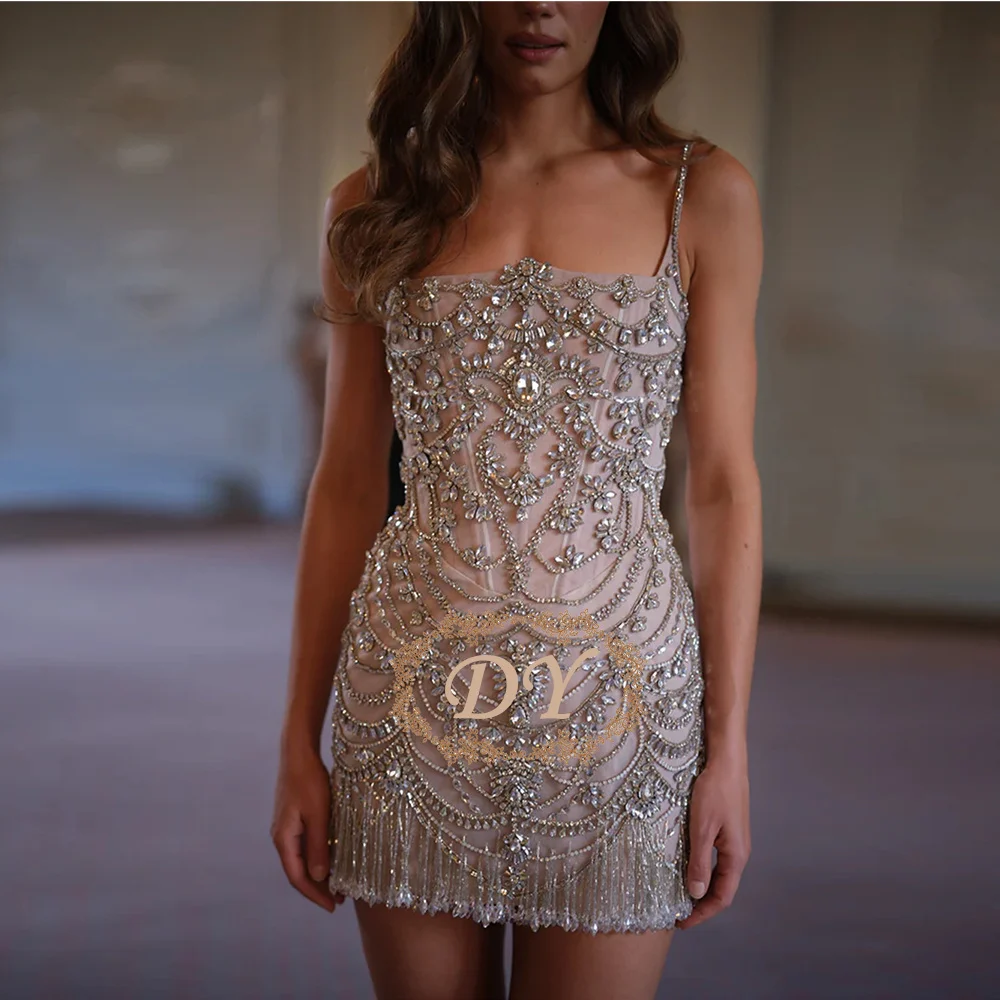 DY Luxuriöses Kristall-Cocktailkleid mit Spaghettiträgern, kurzes Mini-Abendkleid, maßgeschneidert für Damen-Hochzeitsfeiern 2026