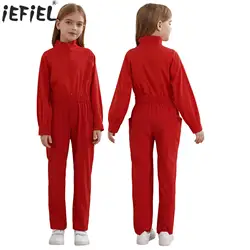 Kids Girls Mechanic Coverall Flight Suit Solid Color Long Sleeve Zipper Jumpsuit Elastic Waist Rompers with Pockets Flightsuit