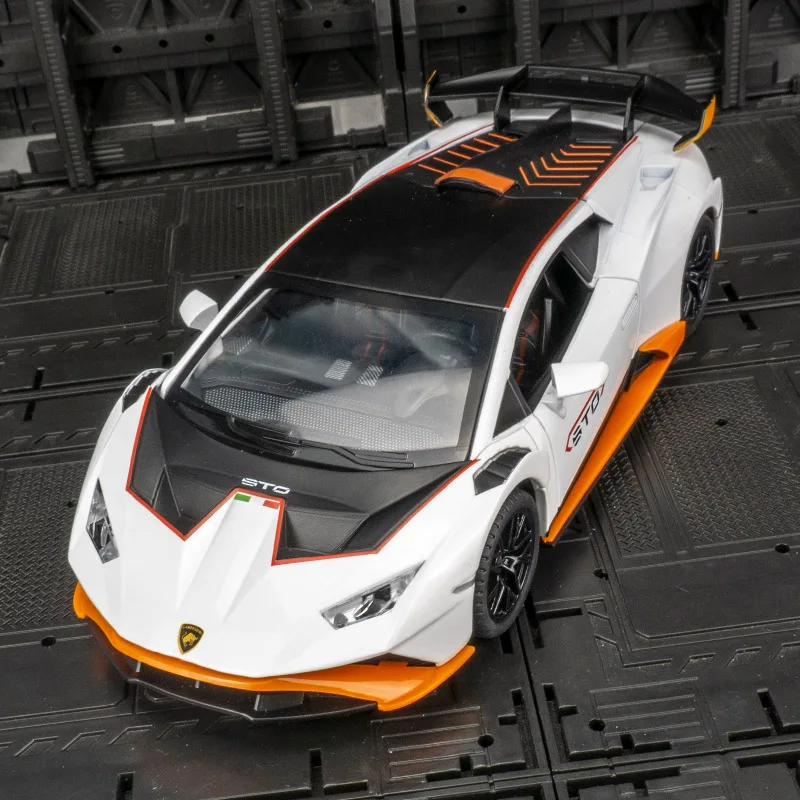 Supercar modelo de coche de aleación Lamborghini STO 1:24, juguete con comentarios de luz y sonido para niños, puertas y capó del motor, el maletero se puede abrir