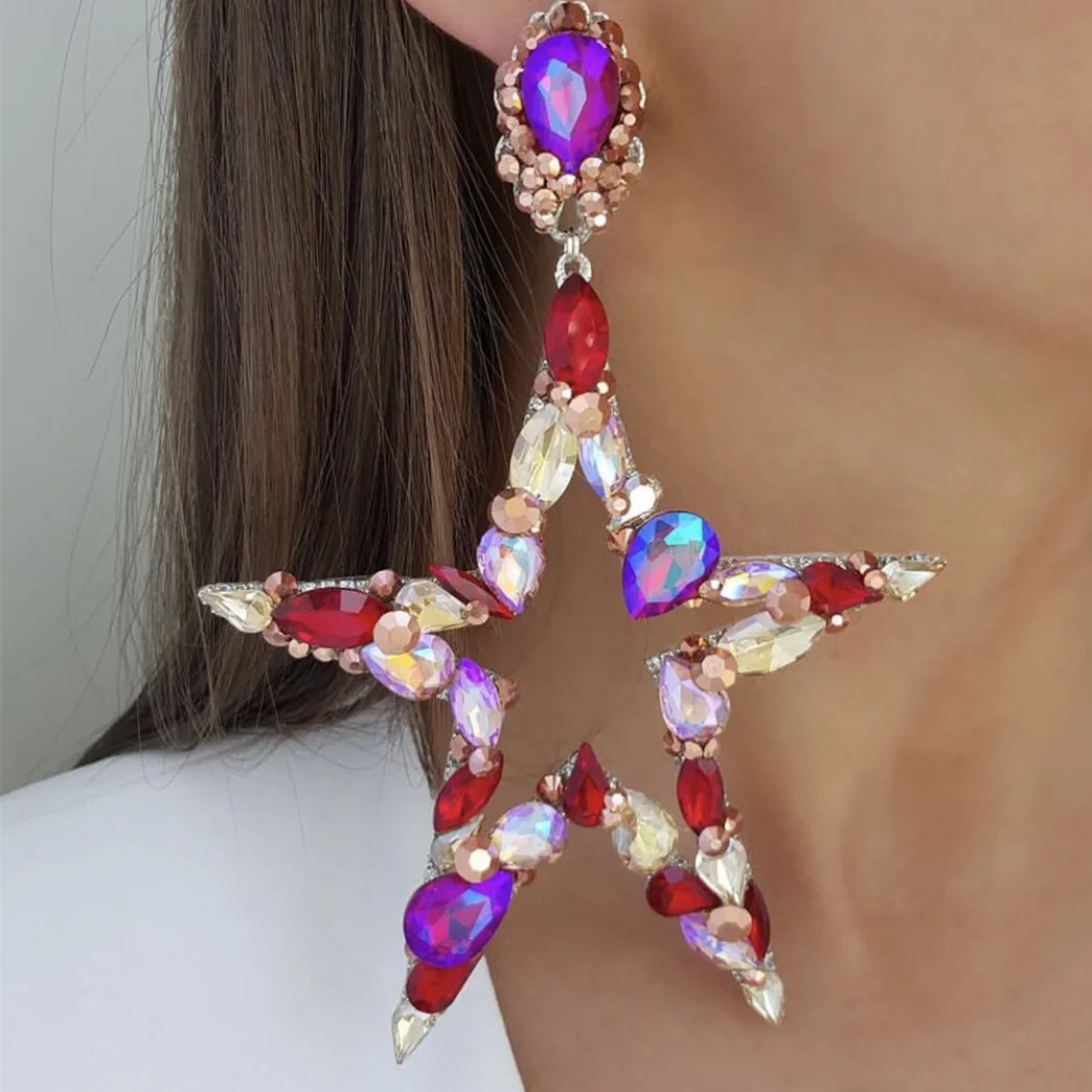 Exaggerated Alloy Rhinestone Big Star Pendant Dangle Earrings For Women Fashion Jewelry Magnifique Lady Ears' Accessories