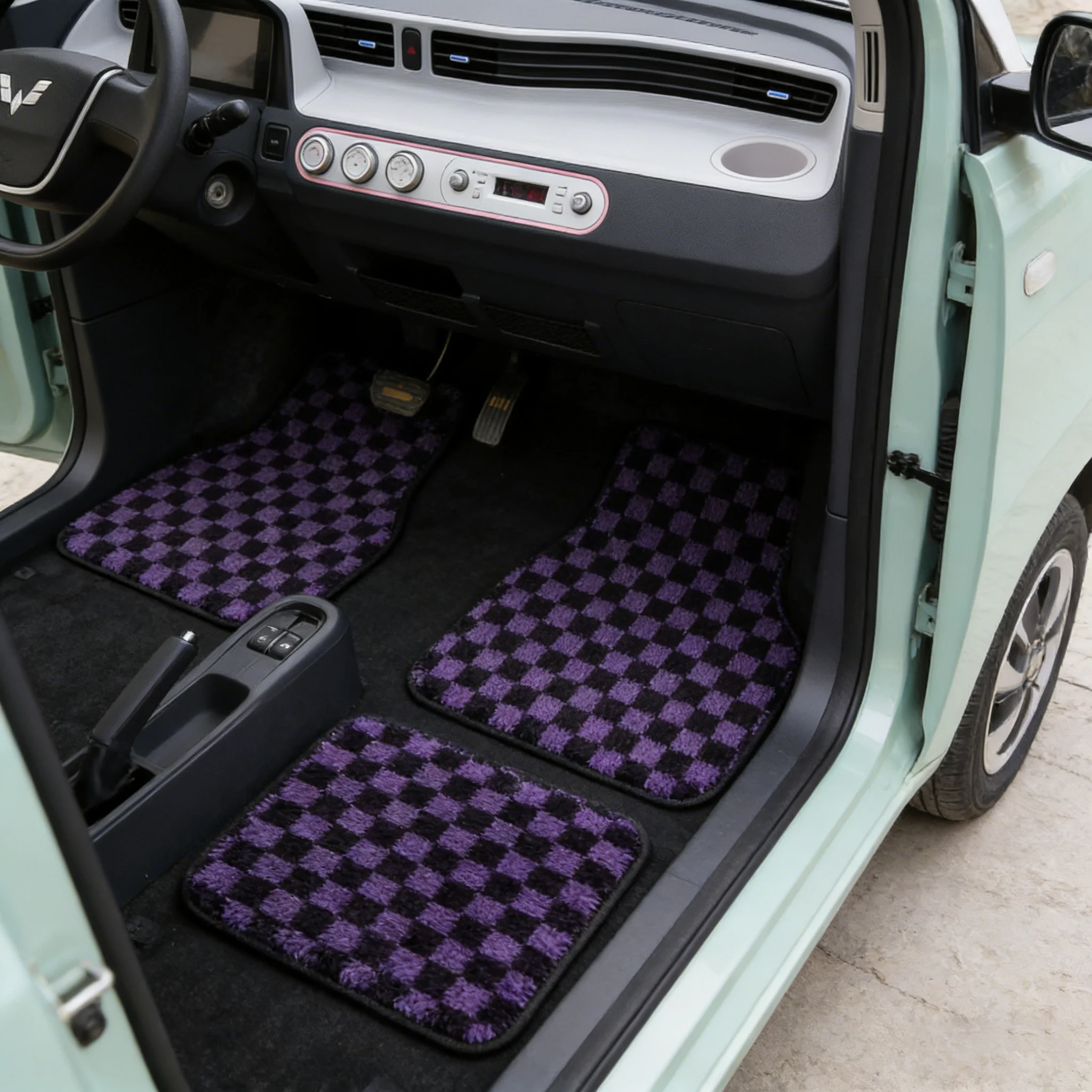 JDM Plush Checkered Floor Mats 4Pcs Universal Vehicle Carpets Non-Slip Car Front Rear Decoration Rugs Checker Pattern