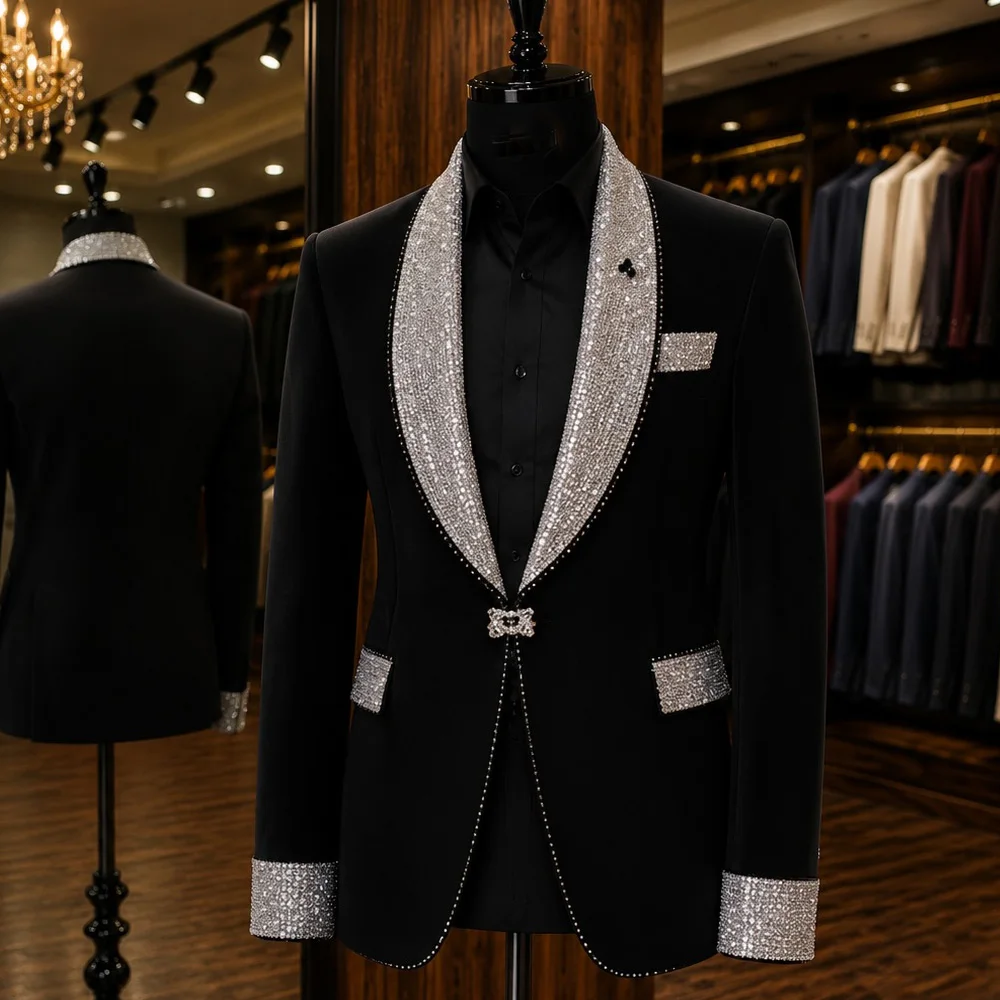 Formal Men's Luxury Crystal Suit Set 2 Pieces Jackt Pants Wedding Groom Sets Double Breasted Slim Fit Tuxedo Host Costumes