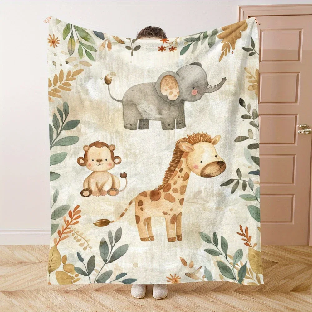 Cozy Watercolor Animal Blanket - Soft Flannel, Perfect For Naps & Travel | Cute Monkey, Elephant, Giraffe Design | Ideal Gift Fo