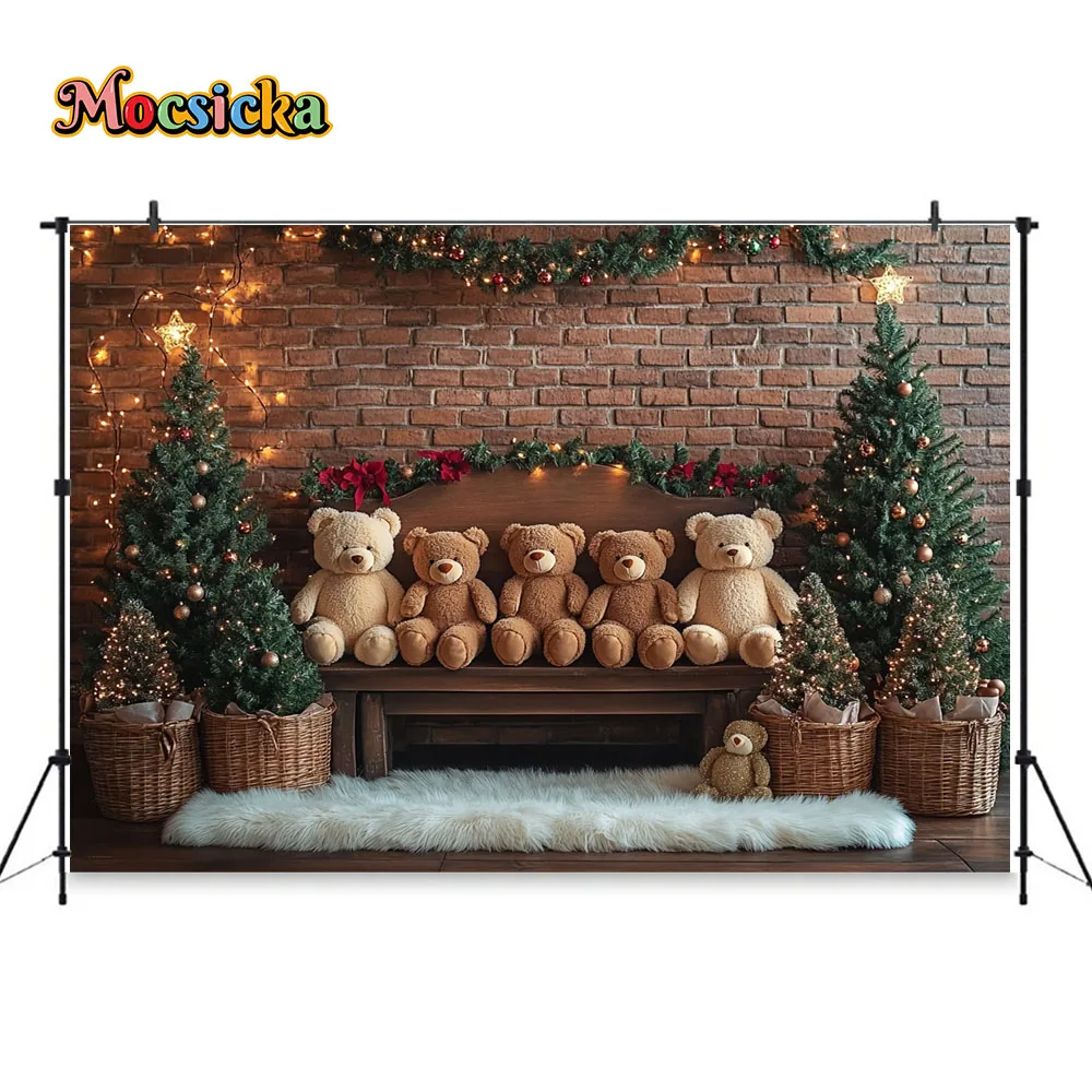 Christmas Toy Bear Gift Room Photography Background for Baby Shower Xmas Tree Vintage Brick Wall Headboard Backdrop Kids Photo