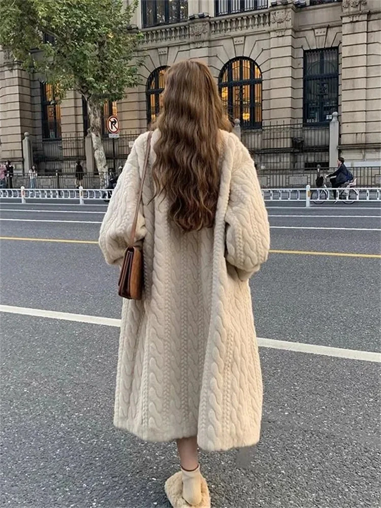 Thicken Imitate Mink Faux Fur Overcoats Winter mid-length furry Coats Luxury High Quality Twist Outerwear Women Korean Jacket