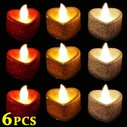 6/1Pcs LED Glitter Candle Light Battery Operated Heart Shaped Flameless Romantic Tealight For Christmas Wedding Party Decoration