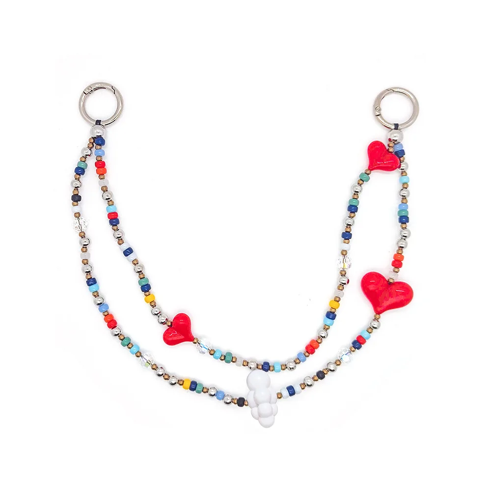 HERLOOK Ciondoli per borse a forma di cuore rosso per donne Perline colorate Doppie catene Fascino per borse Accessori Y2K Cinturino a nuvola Regali per donna Gioielli