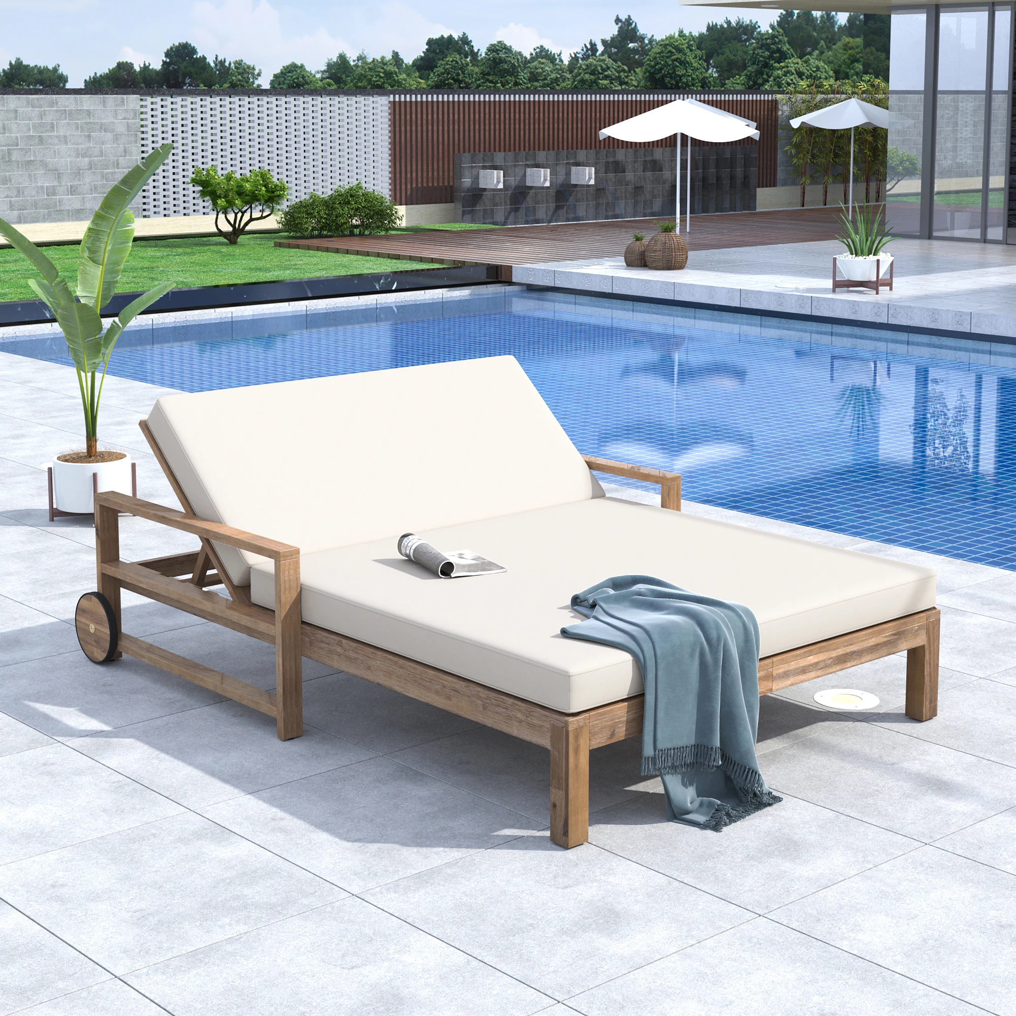 

Solid Wood Modern Outdoor Sunbed Ultimate Relaxation Daybed Seating 2 People Poolside Garden Backyard