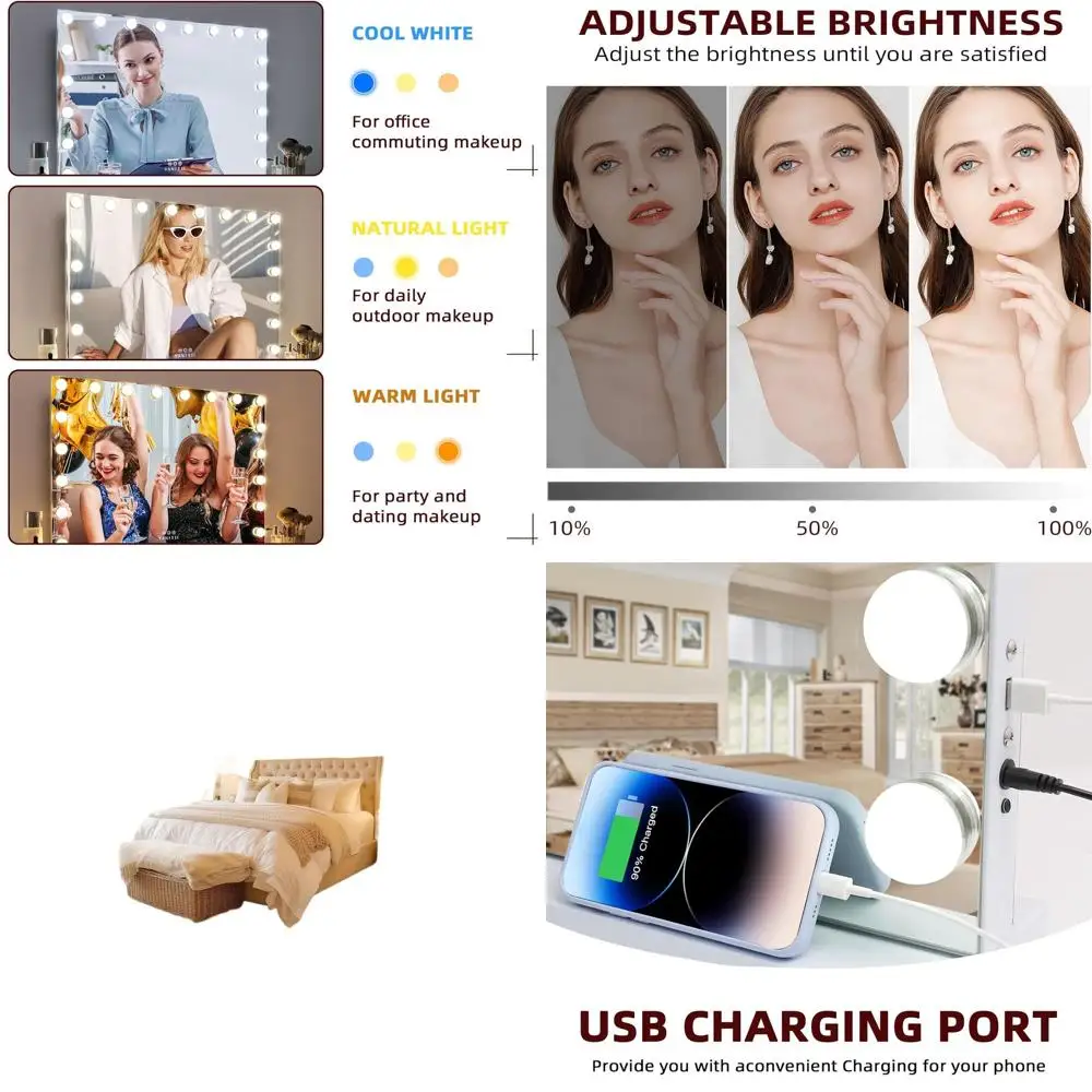 

LED-Illuminated Hollywood Vanity Mirror, 22.8x31.5, USB Charging, 3 Color Options, Dimmable Makeup Mirror for Bedroom Use