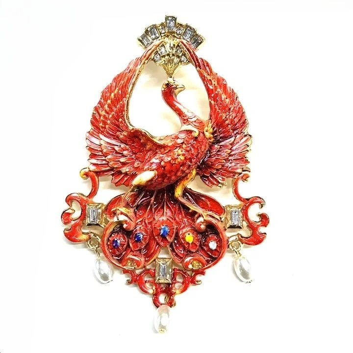 Vintage Enamel Peacock Phoenix Brooch Crystal Pearl Drop Ornate Bird Pin Jewelry Gift - view 3