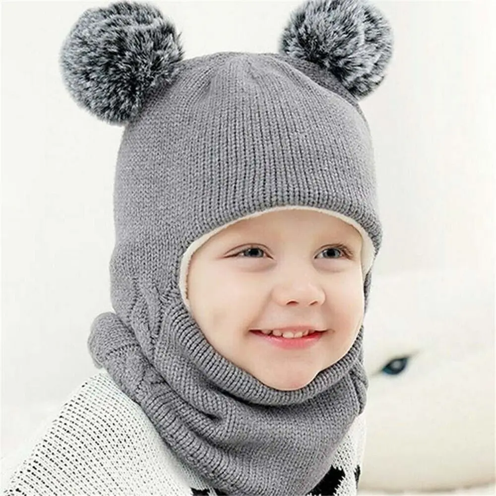 Winter Kids Plus Fleece Beanie Hats Thick Warm Knitted Balaclava Cap For Child Outdoor Girls Boys Face Cover Hairball Bib Mask