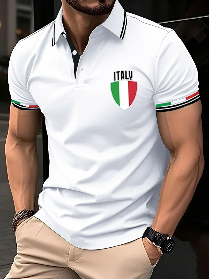 Business Casual Men\'s Polo T Shirt Flag Print Summer Short Sleeve Mexican T-Shirt Cardigan Top Street Male Oversized Clothing