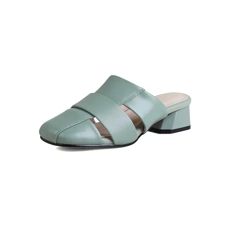 Krazing Pot Cow Skin Mules Square Toe Med Heels Summer Sandals Hollow Outside Slippers Big Size 43 Oriental Style Women Pumps