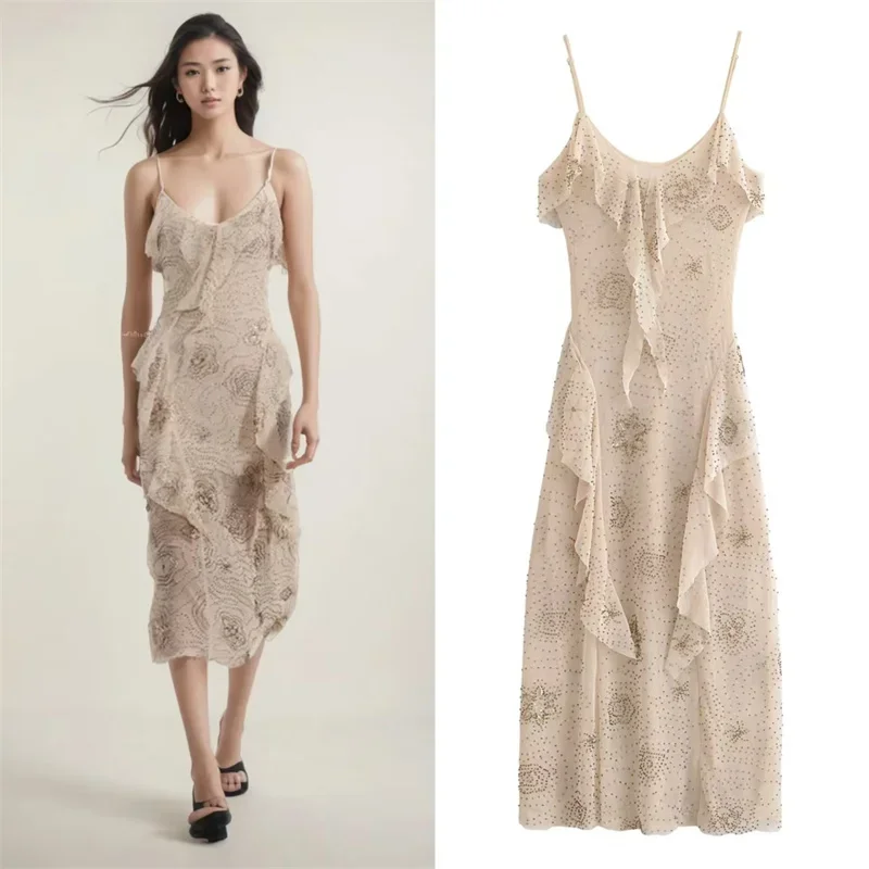 Vestido feminino verão novo estilo luz champanhe em camadas decoração de contas vestido longo sexy alça espaguete design elegante
