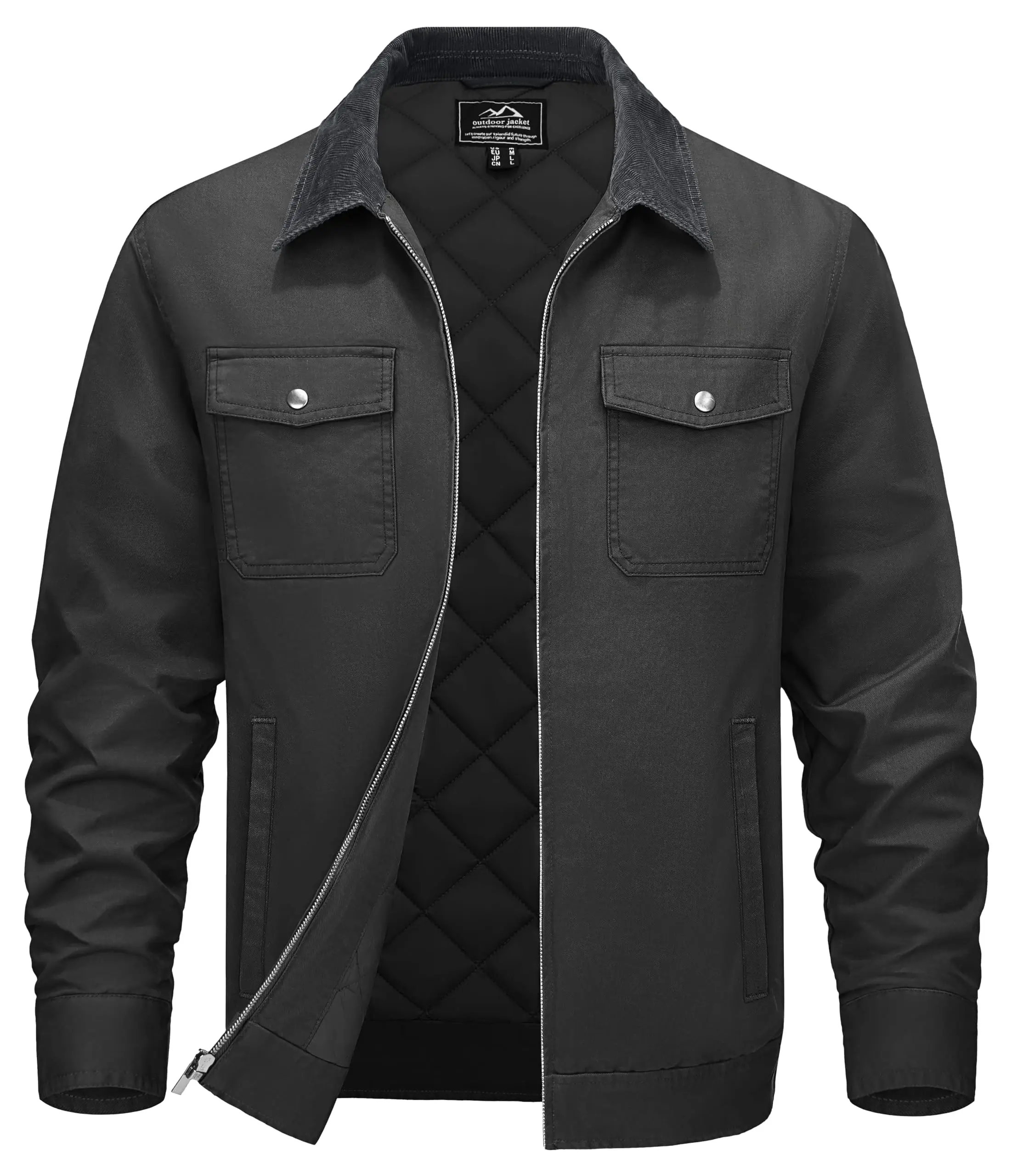 TACVASEN Quilted Cargo Jackets Lightweight Full Zip Corduroy Collar Jackets Cotton Casual Shacket Padded Coats with 5 Pockets